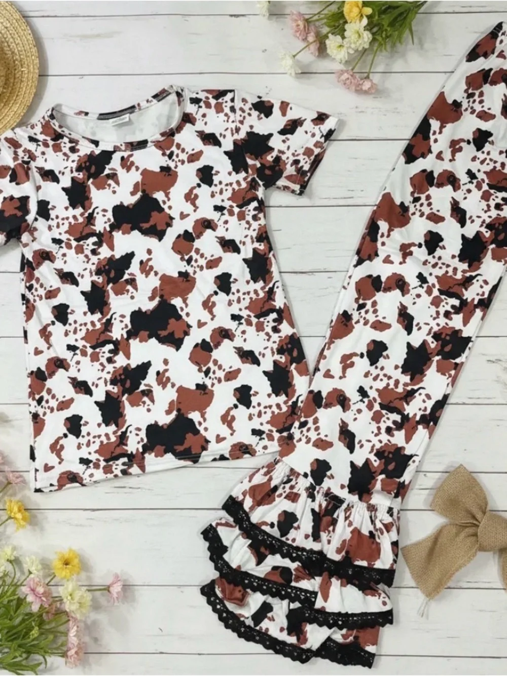 Kids Cow Print Short Sleeve Set - White & Brown